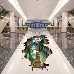 Adhesivo de suelo 3D con puente tropical y cascada con efecto de grietas realistas