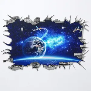 3D outer space wall sticker with astronaut, earth, and stars through a cracked wall effect