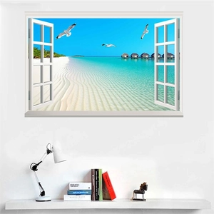 3D beach window wall sticker showing tropical island and ocean view in a living room
