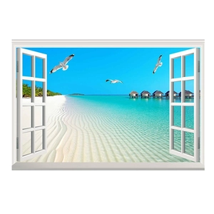 Detail view of 3D window wall sticker featuring a tropical beach landscape and white frame