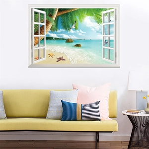 3D faux window wall sticker with tropical beach scenery for living room home decor