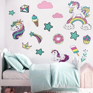 Stickers Muraux Licorne Arc-en-ciel Dessin Animé pour Chambre d'Enfant Filles Imperméable PVC Amovible Décor de Garderie Étoile Coeur Coloré