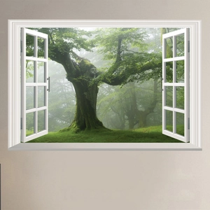 Detail of 3D window wall sticker showing a lush green forest with mossy ancient trees