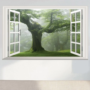Detail of 3D window wall sticker showing a lush green forest with natural lighting effects