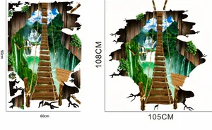 Detail showing the 3D suspension bridge and waterfall wall sticker layout and dimensions