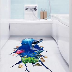 3D ocean floor sticker with orca and sea turtles for bathroom decor and living room