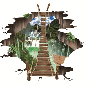 Vinilo decorativo 3D de puente colgante con paisaje de cascada y efecto de perspectiva