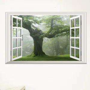Macro view of 3D window wall decal showing a lush forest tree through a white frame