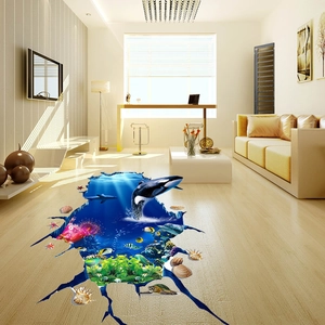 3D cracked ocean floor sticker with orca and sea turtle decor for living room