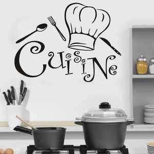 Minimalist black Cuisine wall sticker with chef hat and cutlery for kitchen decoration