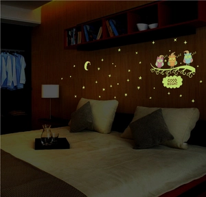 Luminous owl moon and stars wall decals set for kids bedroom with Good Night sign