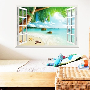 3D beach window wall sticker with tropical landscape for home bedroom decoration