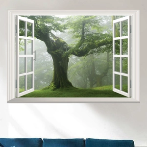 Detailed 3D window wall decal featuring a lush green forest view for home decor