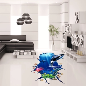 Detailed 3D floor sticker showing killer whales and dolphins in an ocean crack