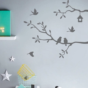 Minimalist grey tree branch and birds wall decal for home bedroom and living room decor