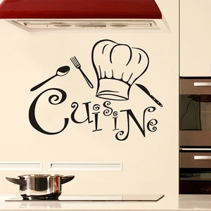 Minimalist black vinyl Cuisine wall sticker with chef hat and cutlery on kitchen wall