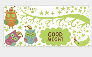 Glow-in-the-dark owl moon star wall stickers for kids room decor with Good Night quote
