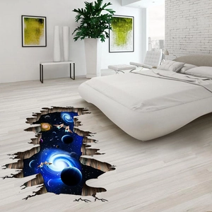 Sticker de sol 3D espace galaxie avec planètes et effet de sol cassé pour décoration