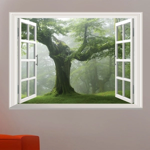 3D faux window wall decal featuring a misty forest with a mossy ancient tree landscape