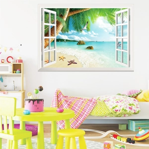 Detailed 3D window view wall sticker featuring tropical beach scenery and palm trees