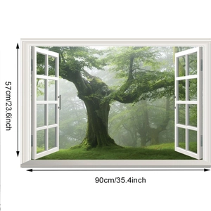 Detailed 3D wall sticker featuring a forest view through a window, size 90x57cm