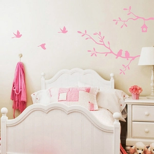 Pink wall stickers featuring birds on branches for bedroom home wall decoration