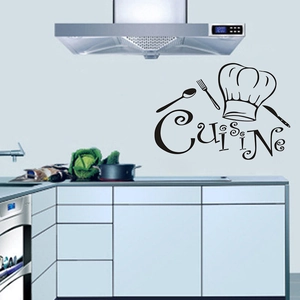 Detail showing a black PVC kitchen wall decal with chef hat, cutlery, and Cuisine text