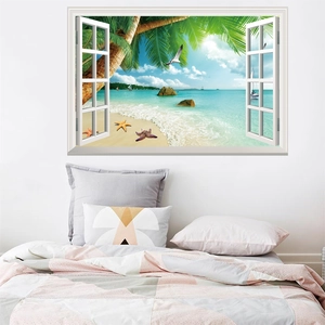 Detail of 3D fake window wall sticker featuring a tropical beach and hot air balloon