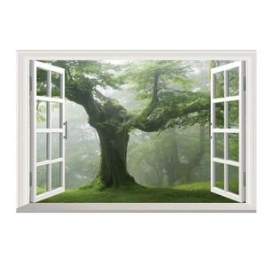 Detail of 3D window wall sticker showing a lush green forest with a large ancient tree