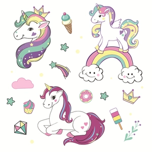 Stickers muraux licorne dessin animé avec arc-en-ciel couronne pour chambre fille