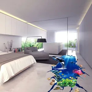 3D ocean floor sticker showing killer whale and tropical fish on a modern bedroom floor