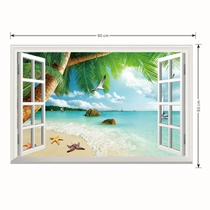 Detail showing 90x60cm 3D window wall sticker with a tropical beach and sea view