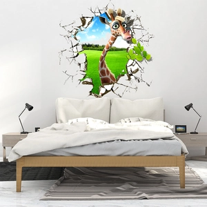 3D realistic breaking wall sticker with cute giraffe pattern for kids room decoration