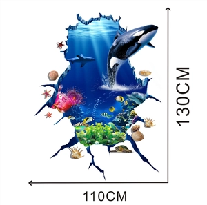 Detailed dimension guide for 3D ocean wall sticker featuring dolphins and sharks