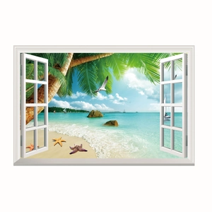 3D ocean beach faux window wall sticker with palm trees and tropical sea landscape
