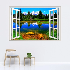 Detailed 3D window wall sticker showing snowy mountains, green forests and clear lake scenery
