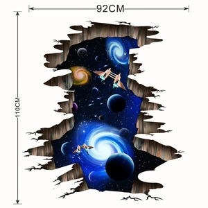 Sticker mural 3D détaillé espace avec vaisseaux et planètes, taille 110cm sur 92cm
