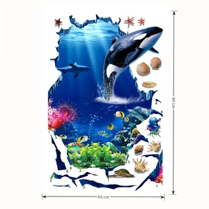 Detailed 60x90cm layout of 3D ocean life wall stickers with whale and shark motifs