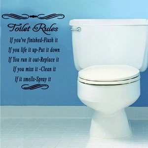 Creative black Toilet Rules wall sticker featuring humorous bathroom slogans for decor