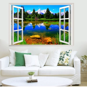 Detail of 3D window wall sticker showing a scenic mountain lake and forest landscape