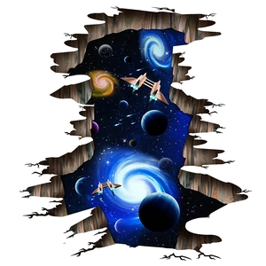 Sticker mural 3D espace avec galaxies, planètes et vaisseaux effet mur brisé