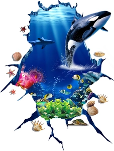 Detailed 3D wall decal showing whales and sea turtles through a realistic wall crack