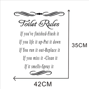 Detailed dimension layout for Toilet Rules wall decal, measuring 35cm by 42cm black print