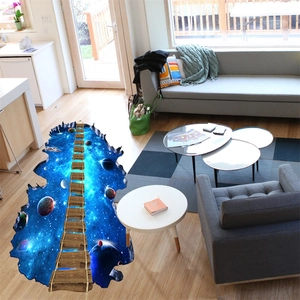 Sticker de sol 3D galaxie avec pont en bois et planètes pour décoration de salon
