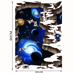 Sticker mural 3D galaxie spatiale avec planètes et vaisseaux, format 90x60cm