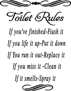 Funny bathroom decor wall sticker with black lettering toilet rules and scroll design