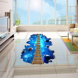 Sticker 3D Univers Ciel Étoilé Espace pour Sol Mur Amovible Imperméable PVC Décalcomanie Planètes Pont en Bois Design Décoration Maison