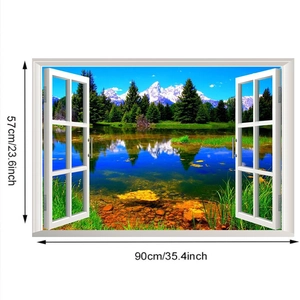 Detailed view of 3D window wall decal featuring snowy mountains and lake at 57x90cm