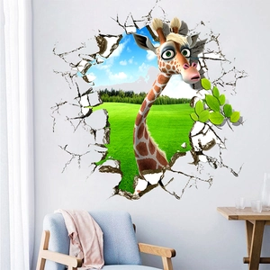 3D cracked wall giraffe wall decal with blue sky and grassland for living room decor