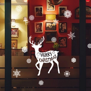 White Christmas reindeer and snowflakes window decals with Merry Christmas text for decoration